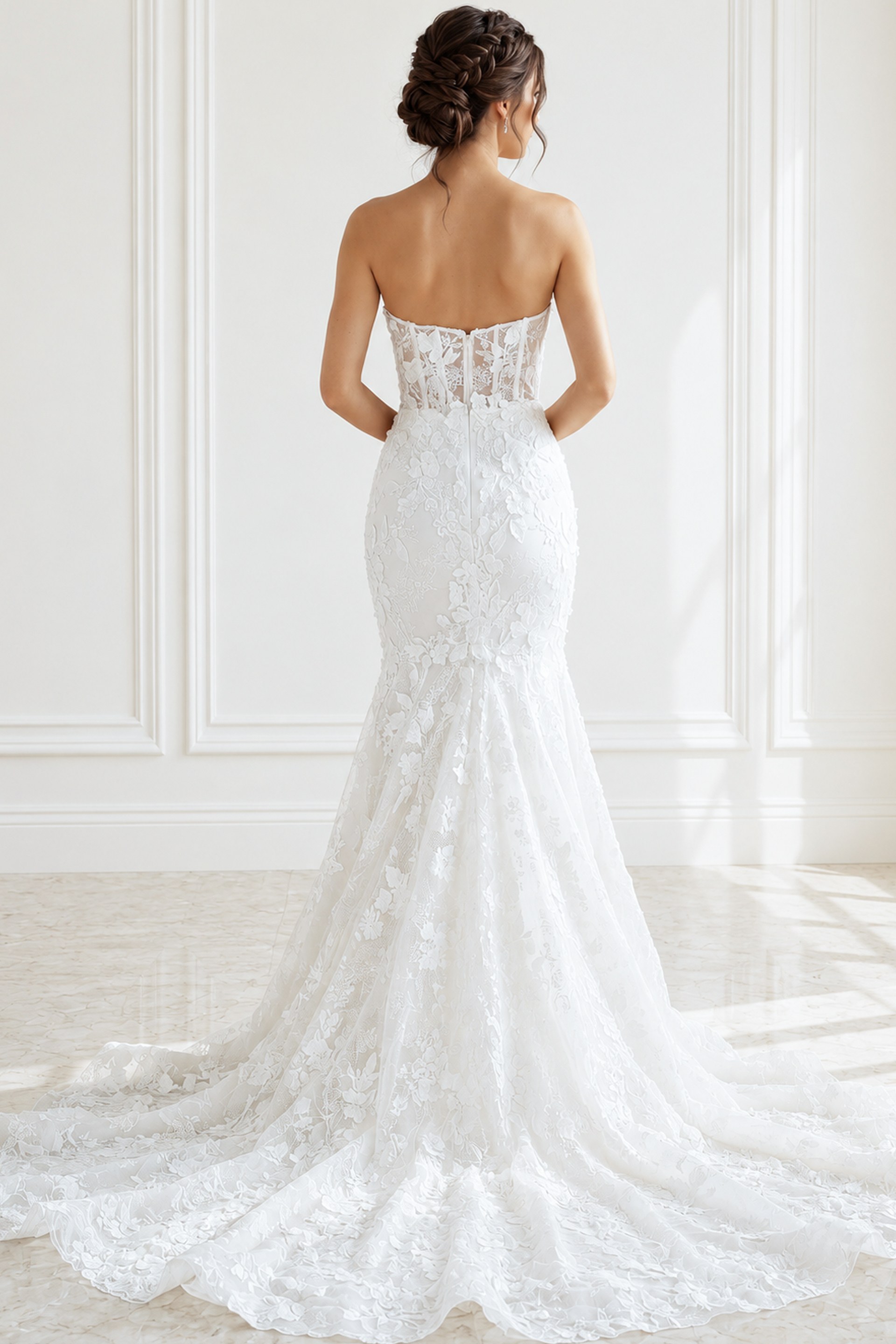 ivory floral lace strapless fit and flare wedding dress with sweetheart neckline and sheer corset bodice, front view, Jovani Bridal style JB02836