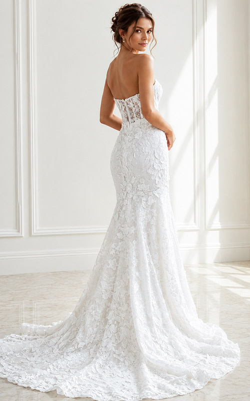 ivory floral lace strapless fit and flare wedding dress with sweetheart neckline and sheer corset bodice, front view, Jovani Bridal style JB02836