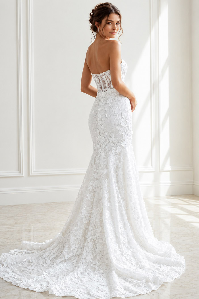 ivory floral lace strapless fit and flare wedding dress with sweetheart neckline and sheer corset bodice, front view, Jovani Bridal style JB02836