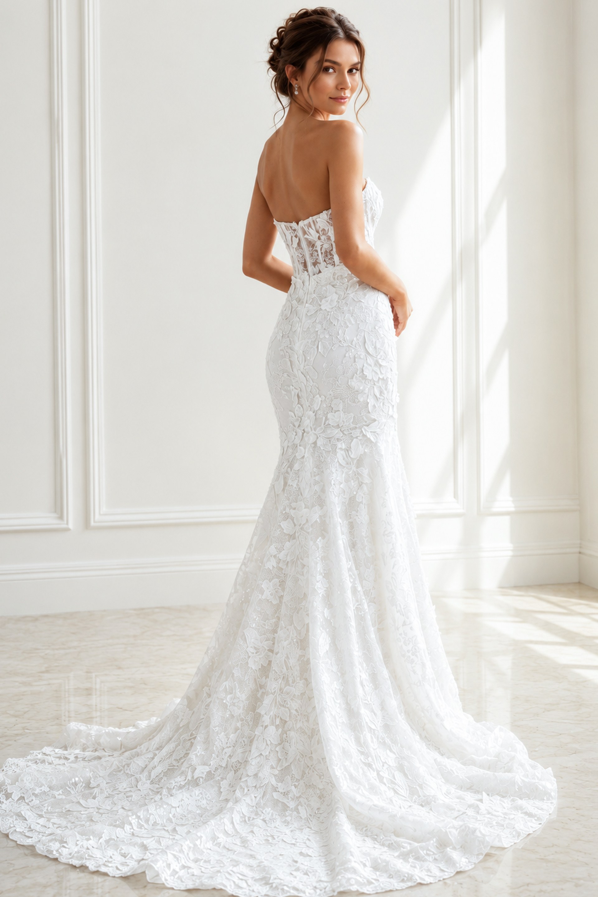 ivory floral lace strapless fit and flare wedding dress with sweetheart neckline and sheer corset bodice, front view, Jovani Bridal style JB02836