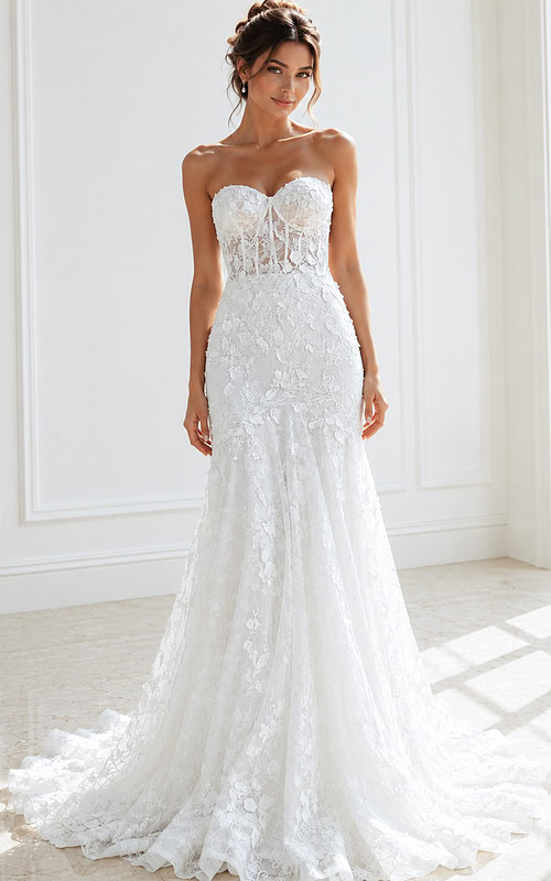 ivory floral lace strapless fit and flare wedding dress with sweetheart neckline and sheer corset bodice, front view, Jovani Bridal style JB02836