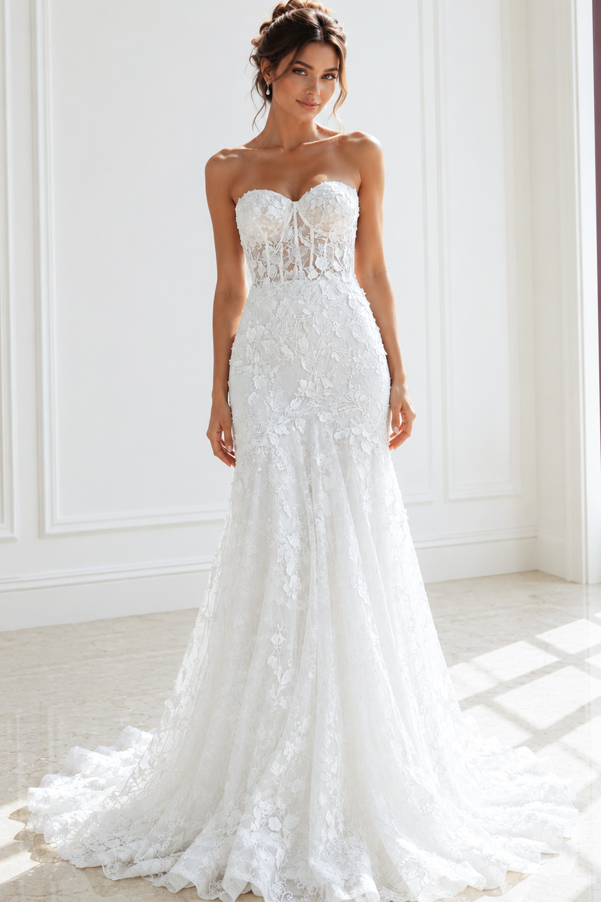 ivory floral lace strapless fit and flare wedding dress with sweetheart neckline and sheer corset bodice, front view, Jovani Bridal style JB02836
