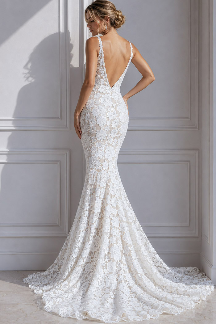 ivory floral lace fitted mermaid wedding dress with plunging V neckline and beaded straps, front view, Jovani Bridal style JB03864