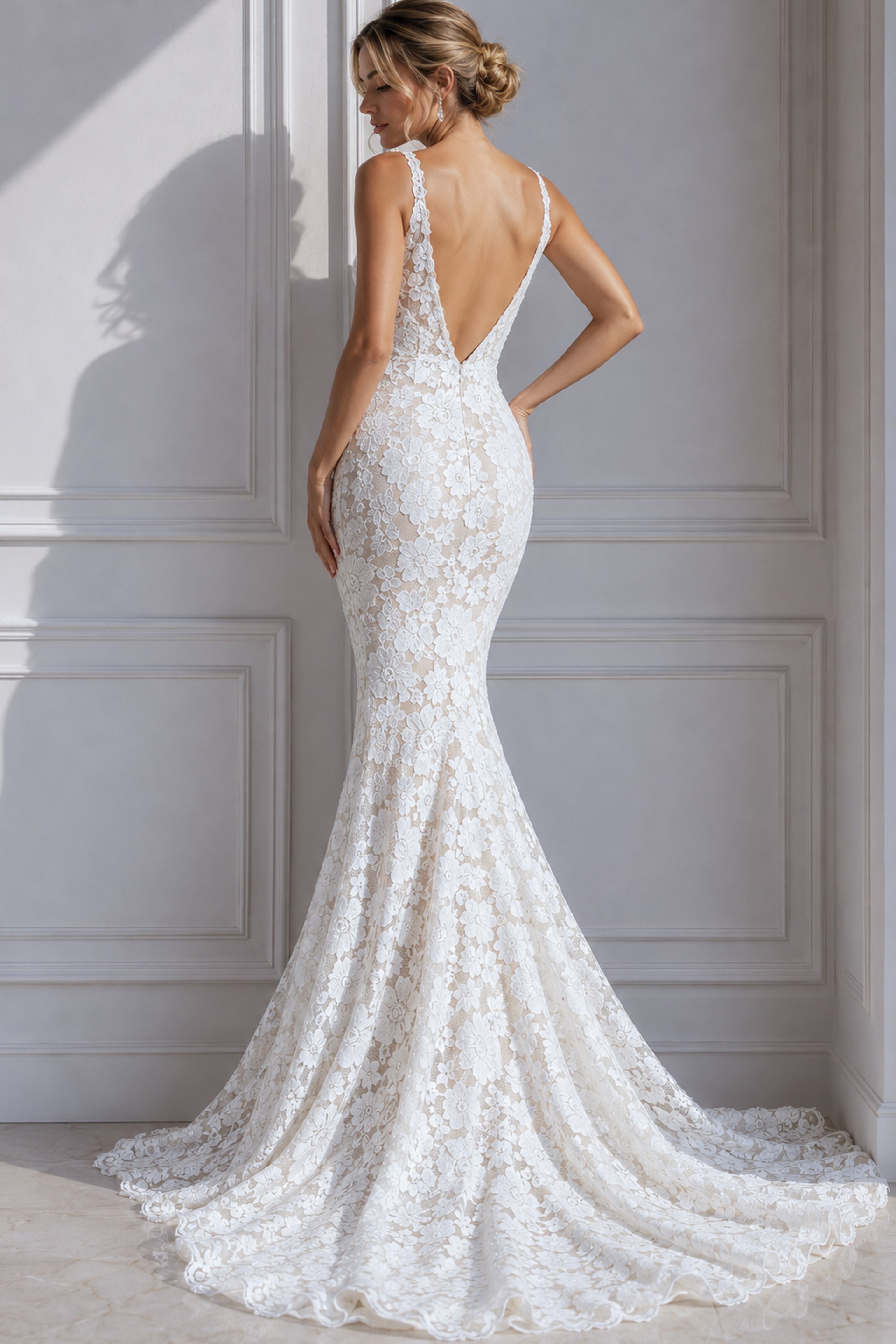 ivory floral lace fitted mermaid wedding dress with plunging V neckline and beaded straps, front view, Jovani Bridal style JB03864