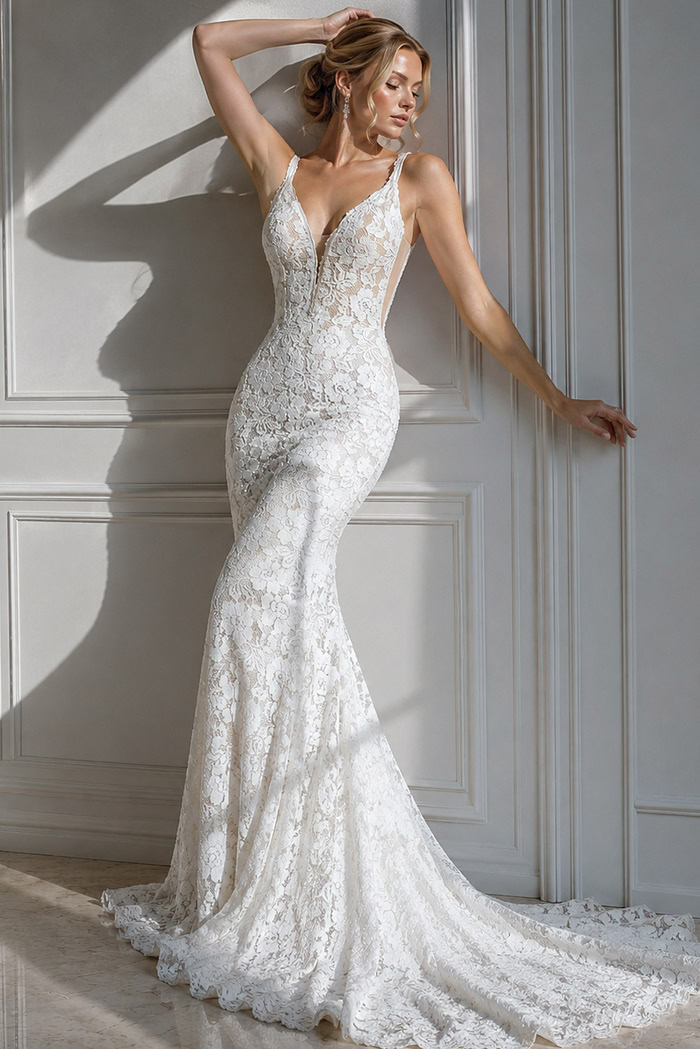ivory floral lace fitted mermaid wedding dress with plunging V neckline and beaded straps, front view, Jovani Bridal style JB03864