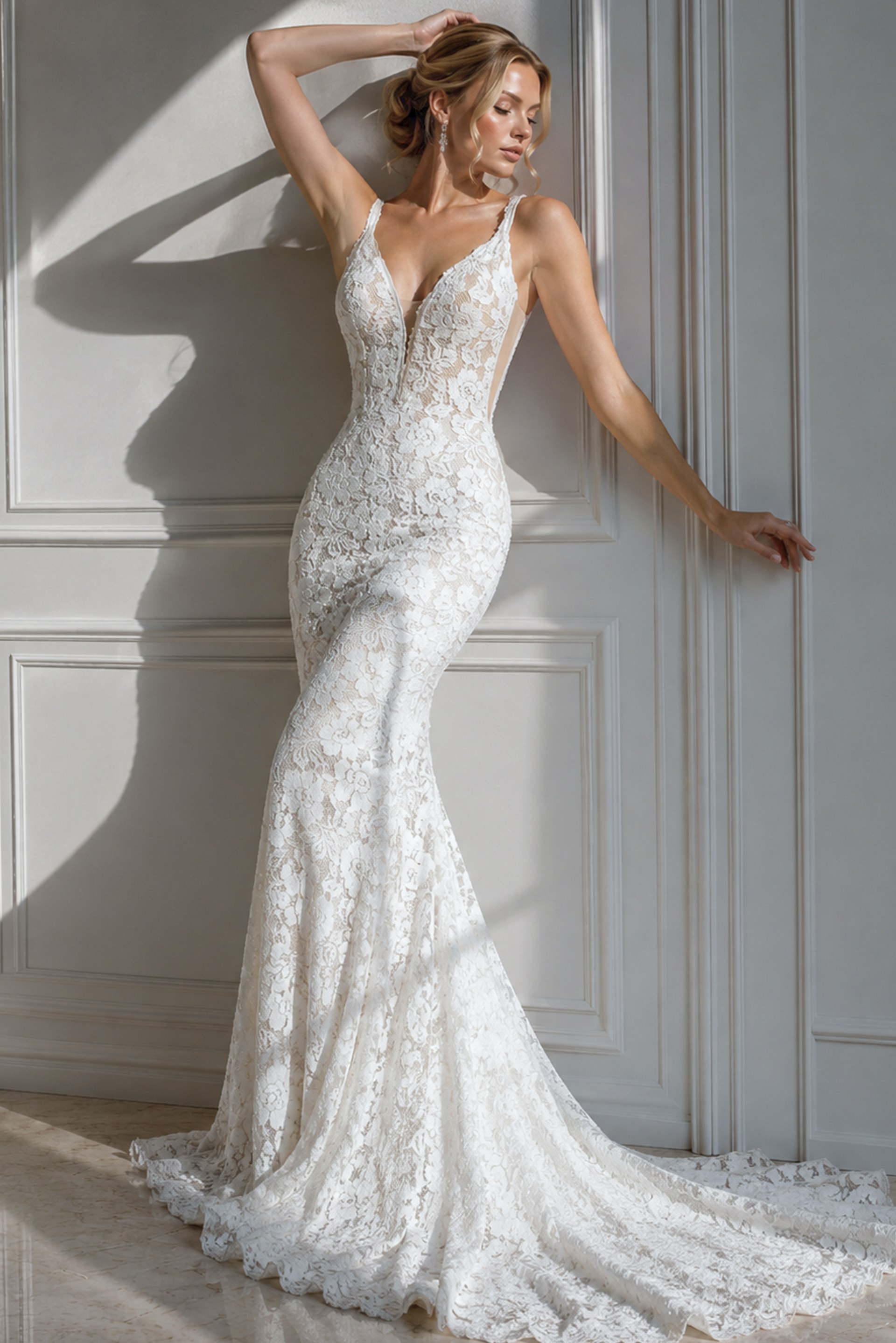 ivory floral lace fitted mermaid wedding dress with plunging V neckline and beaded straps, front view, Jovani Bridal style JB03864
