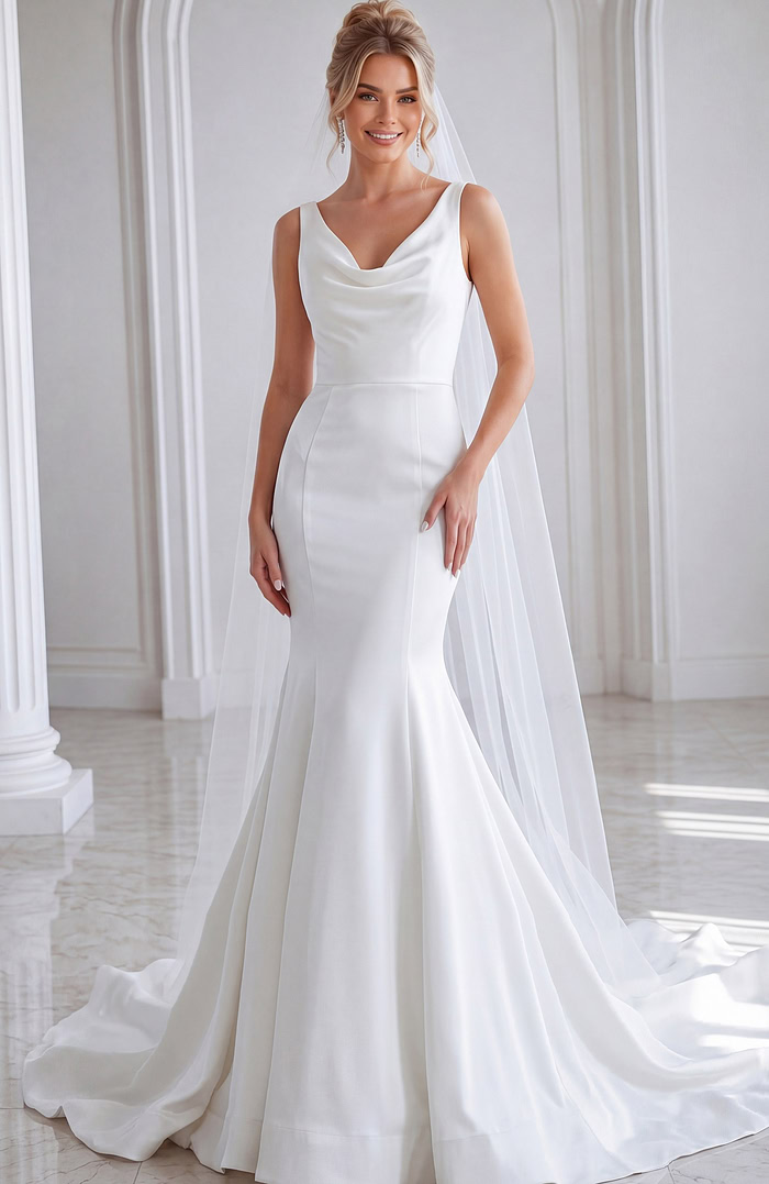 ivory satin sleeveless fit and flare wedding dress with draped cowl neckline and tulle cape train, front view, Jovani Bridal style JB03910