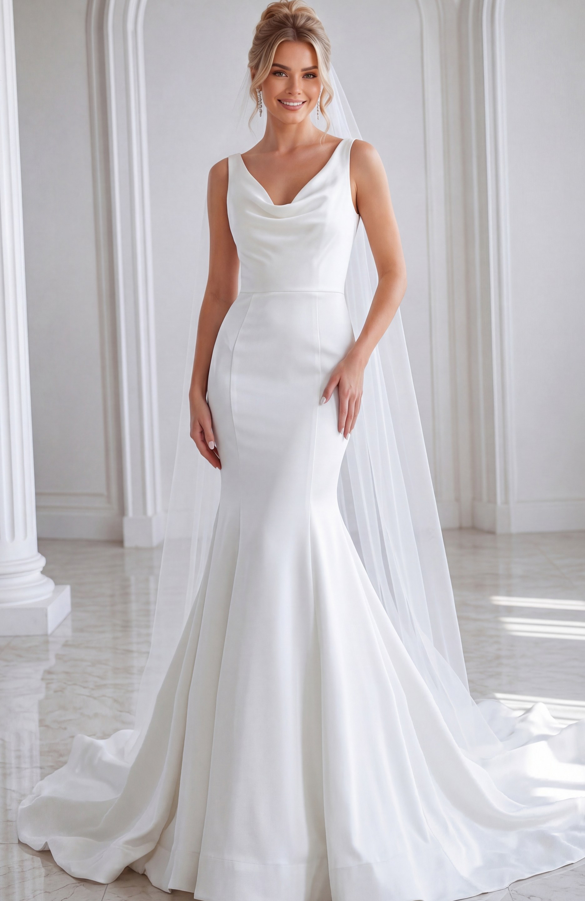 ivory satin sleeveless fit and flare wedding dress with draped cowl neckline and tulle cape train, front view, Jovani Bridal style JB03910