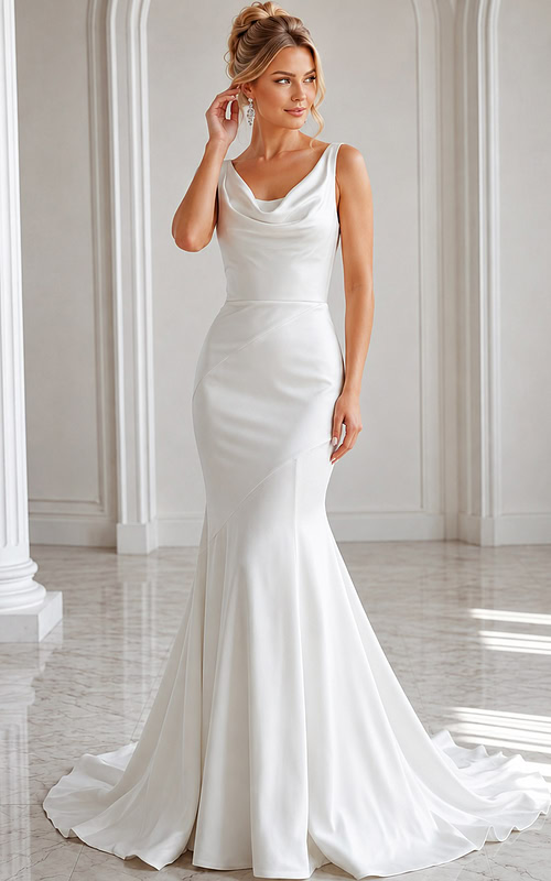 ivory satin sleeveless fit and flare wedding dress with draped cowl neckline and tulle cape train, front view, Jovani Bridal style JB03910