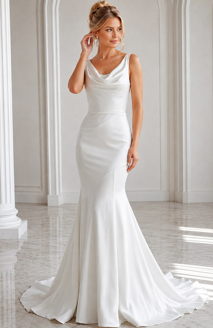 ivory satin sleeveless fit and flare wedding dress with draped cowl neckline and tulle cape train, front view, Jovani Bridal style JB03910