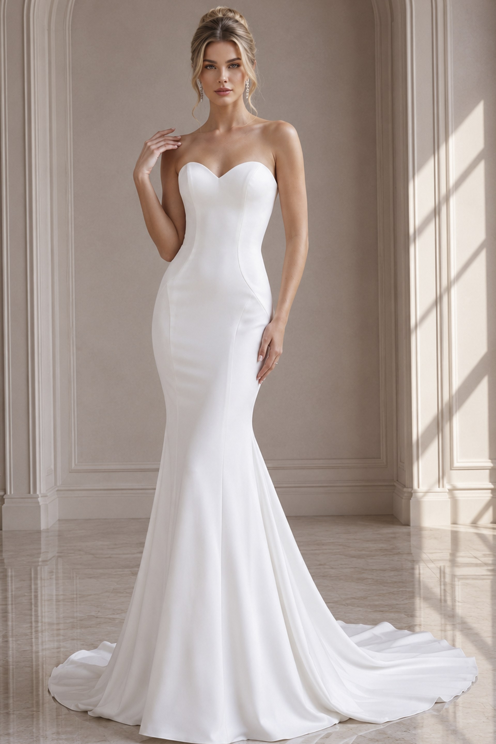 ivory satin strapless fit and flare wedding dress with sweetheart neckline and sweep train, front view, Jovani Bridal style JB06912