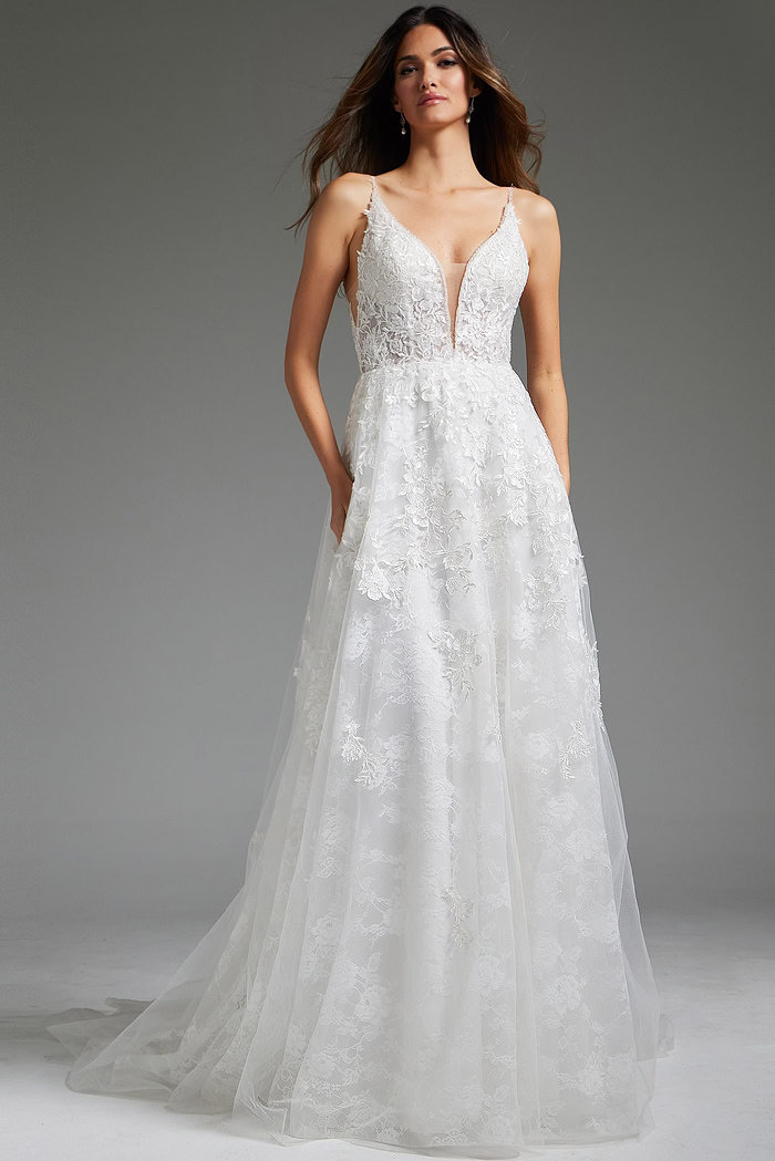 Ivory Jovani JB07147 gown front view with deep V-neck.