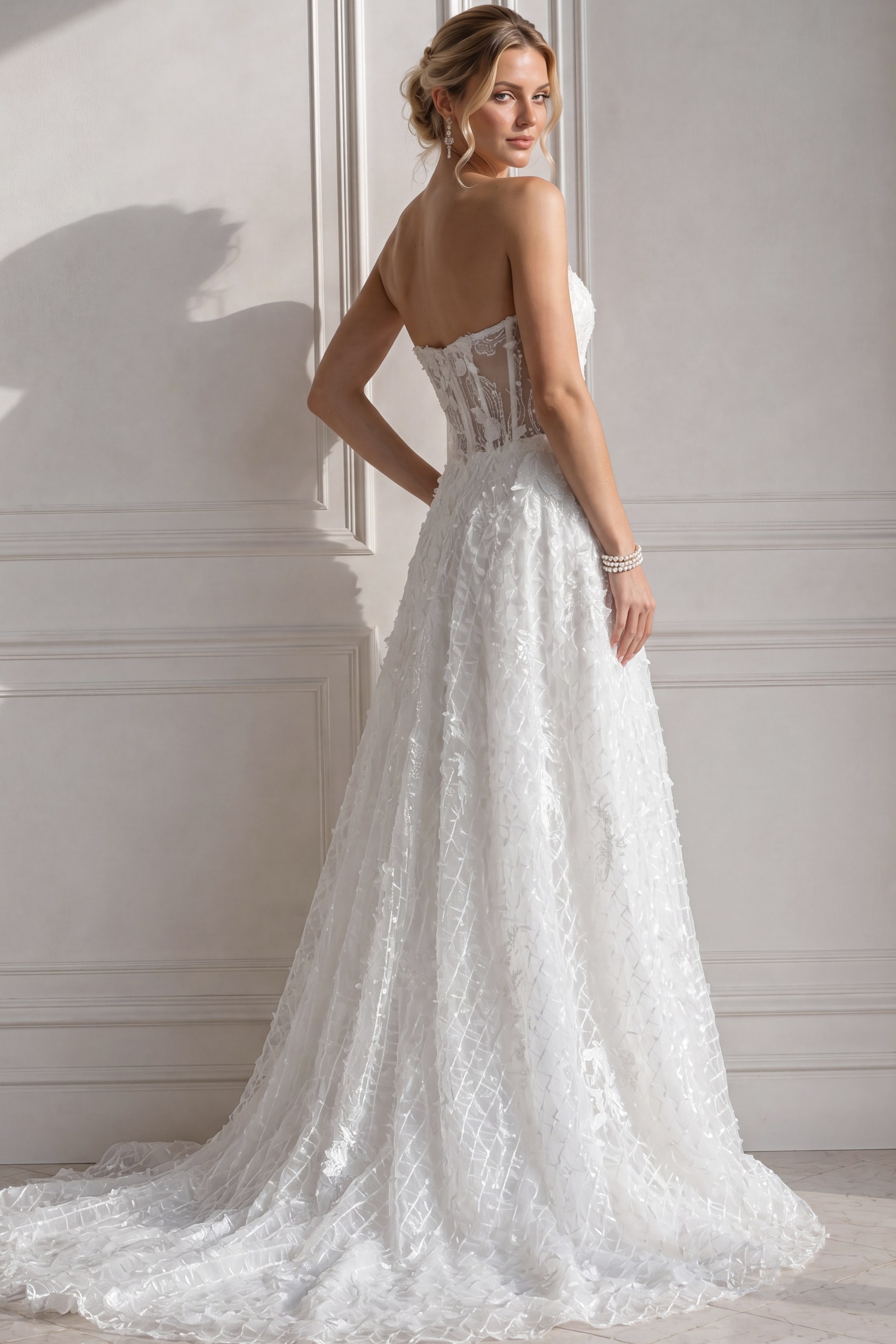 ivory textured lace strapless A-line wedding dress with sweetheart neckline and sheer corset bodice, front view, Jovani Bridal style JB07165