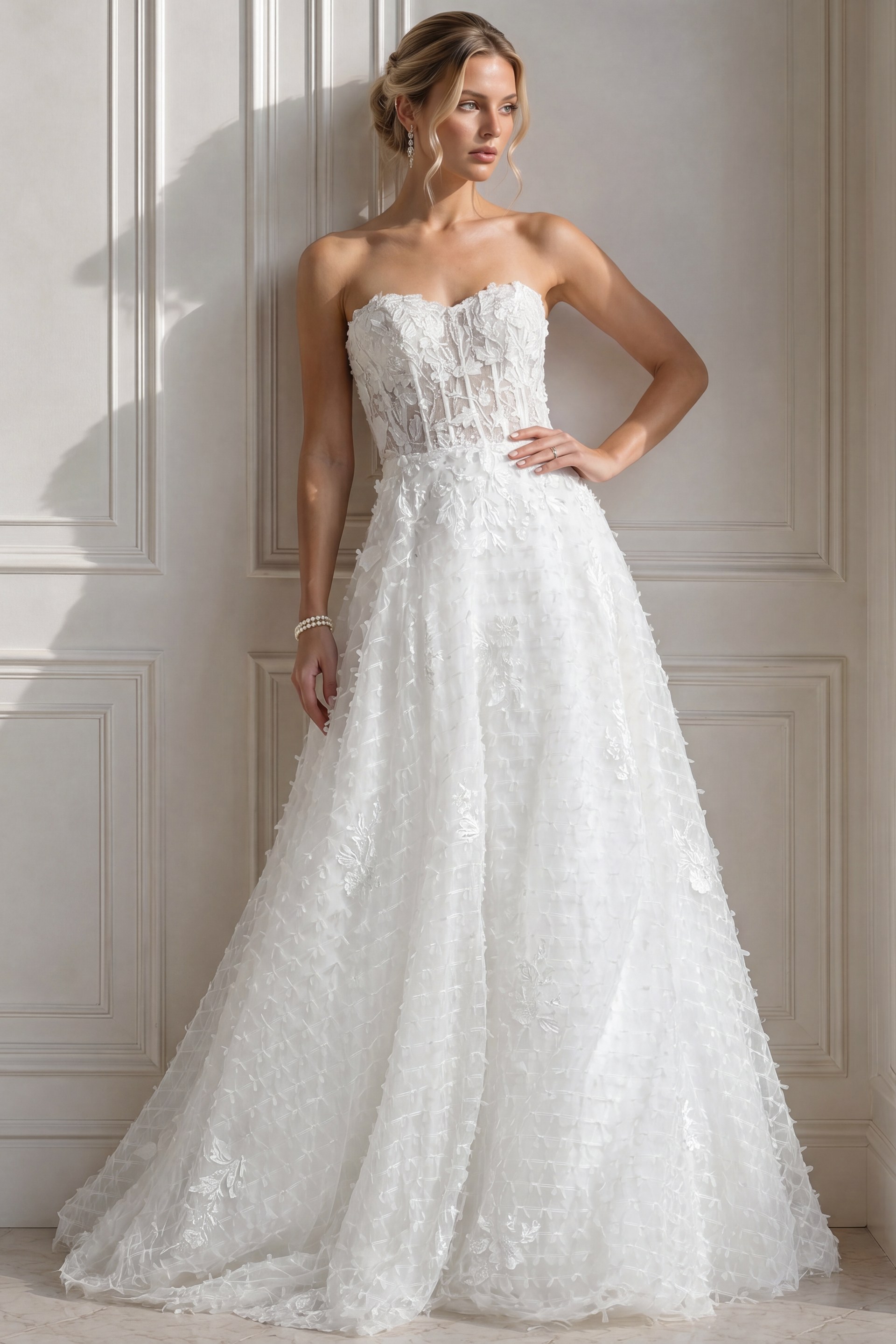 ivory textured lace strapless A-line wedding dress with sweetheart neckline and sheer corset bodice, front view, Jovani Bridal style JB07165