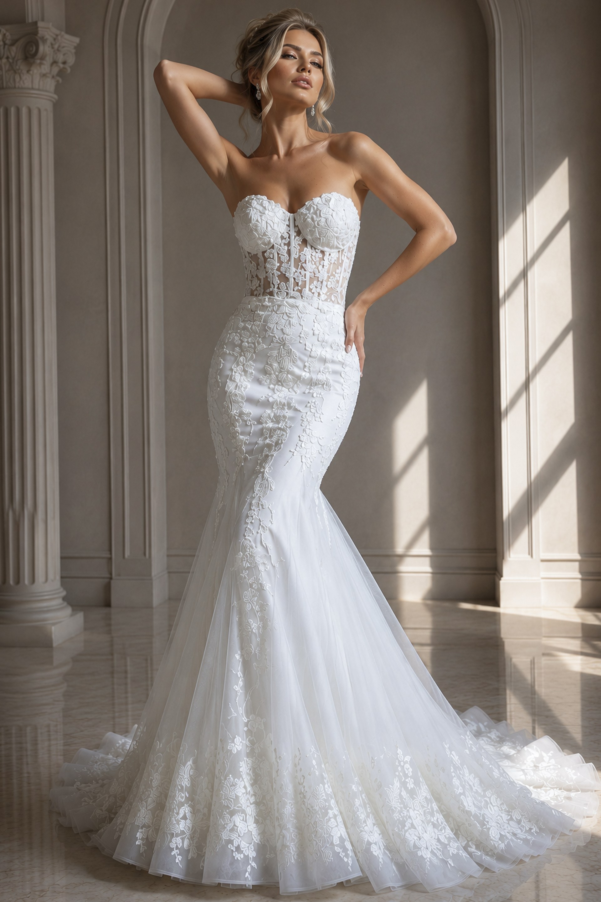 ivory floral lace fitted mermaid wedding dress with strapless sweetheart neckline and sheer corset bodice, front view, Jovani Bridal style JB07260