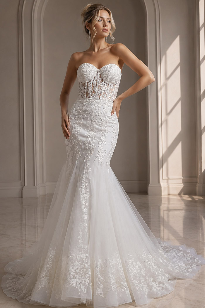 ivory floral lace fitted mermaid wedding dress with strapless sweetheart neckline and sheer corset bodice, front view, Jovani Bridal style JB07260