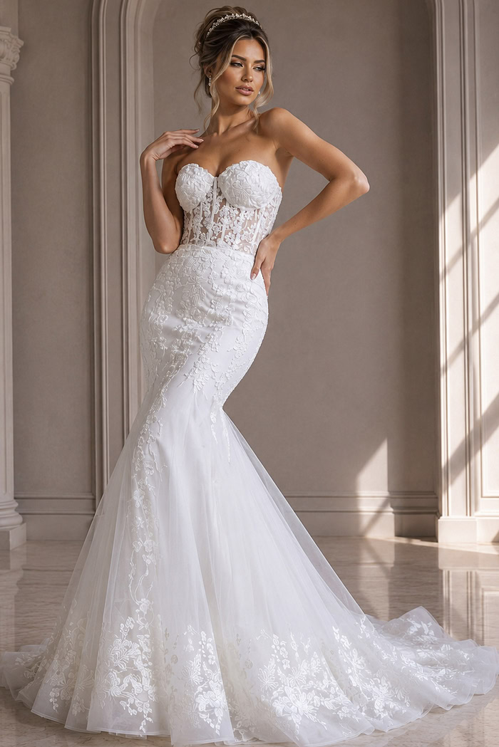 ivory floral lace fitted mermaid wedding dress with strapless sweetheart neckline and sheer corset bodice, front view, Jovani Bridal style JB07260