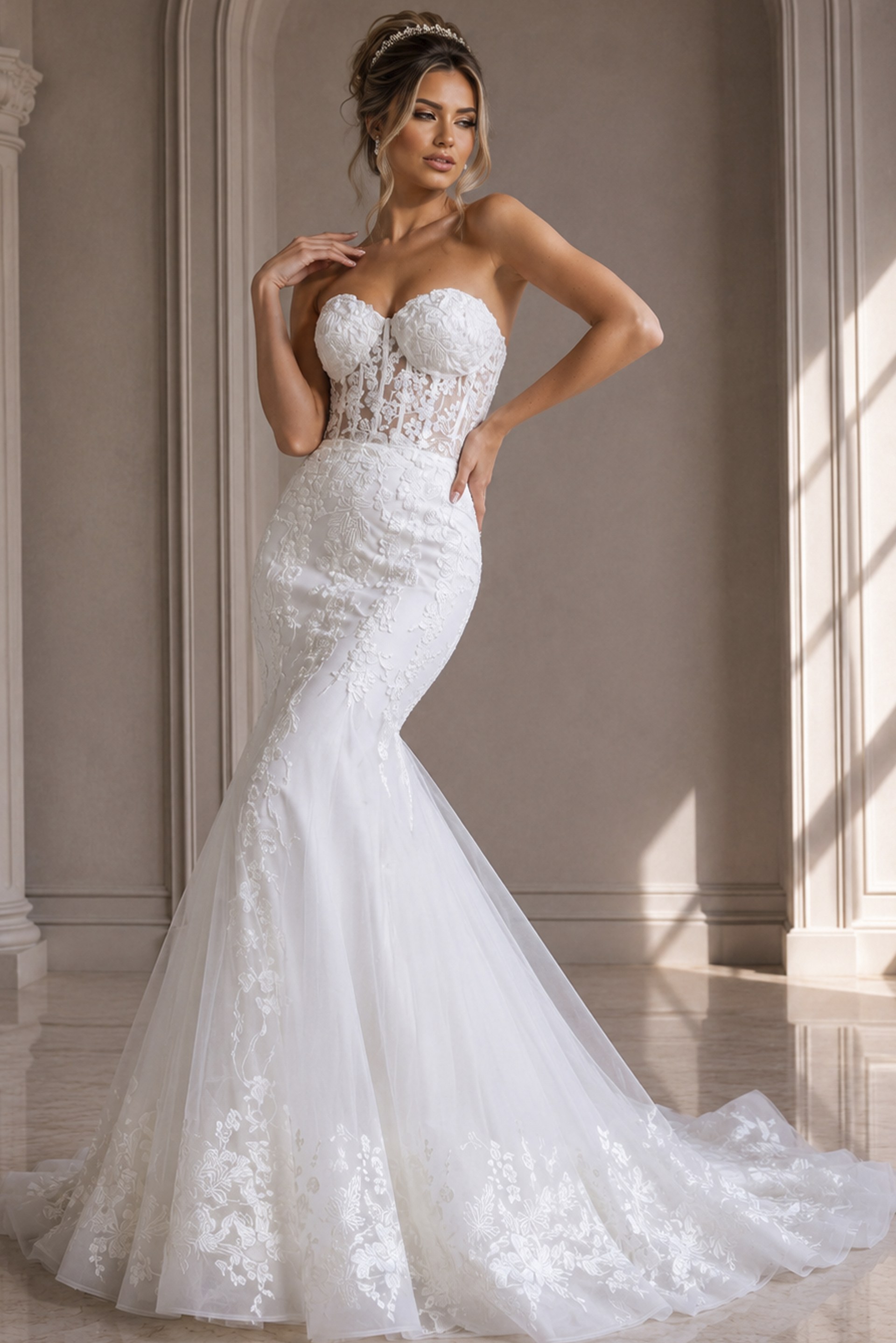 ivory floral lace fitted mermaid wedding dress with strapless sweetheart neckline and sheer corset bodice, front view, Jovani Bridal style JB07260