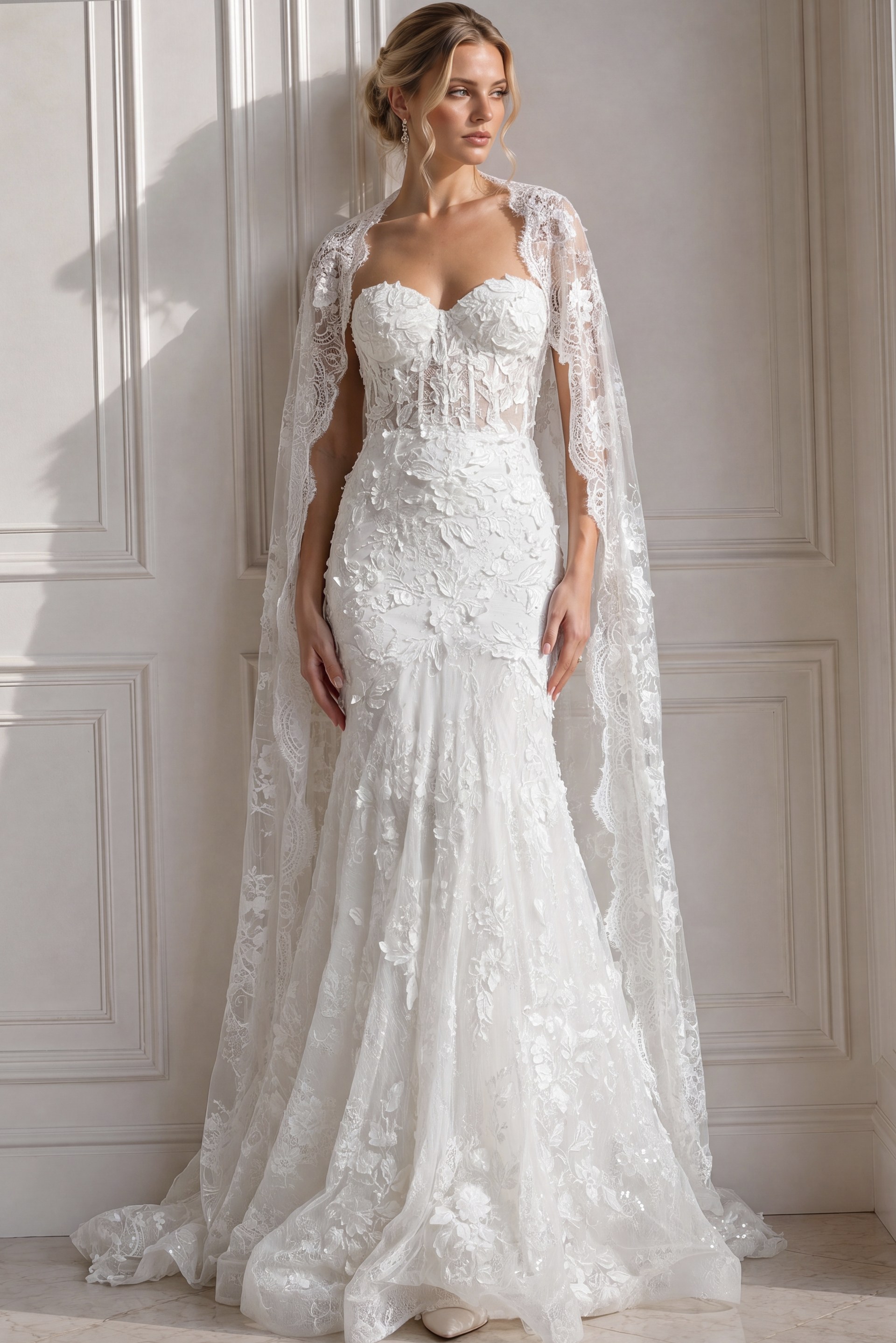 ivory 3D floral lace fitted mermaid wedding dress with sweetheart neckline and sheer lace cape sleeves, front view, Jovani Bridal style JB07583