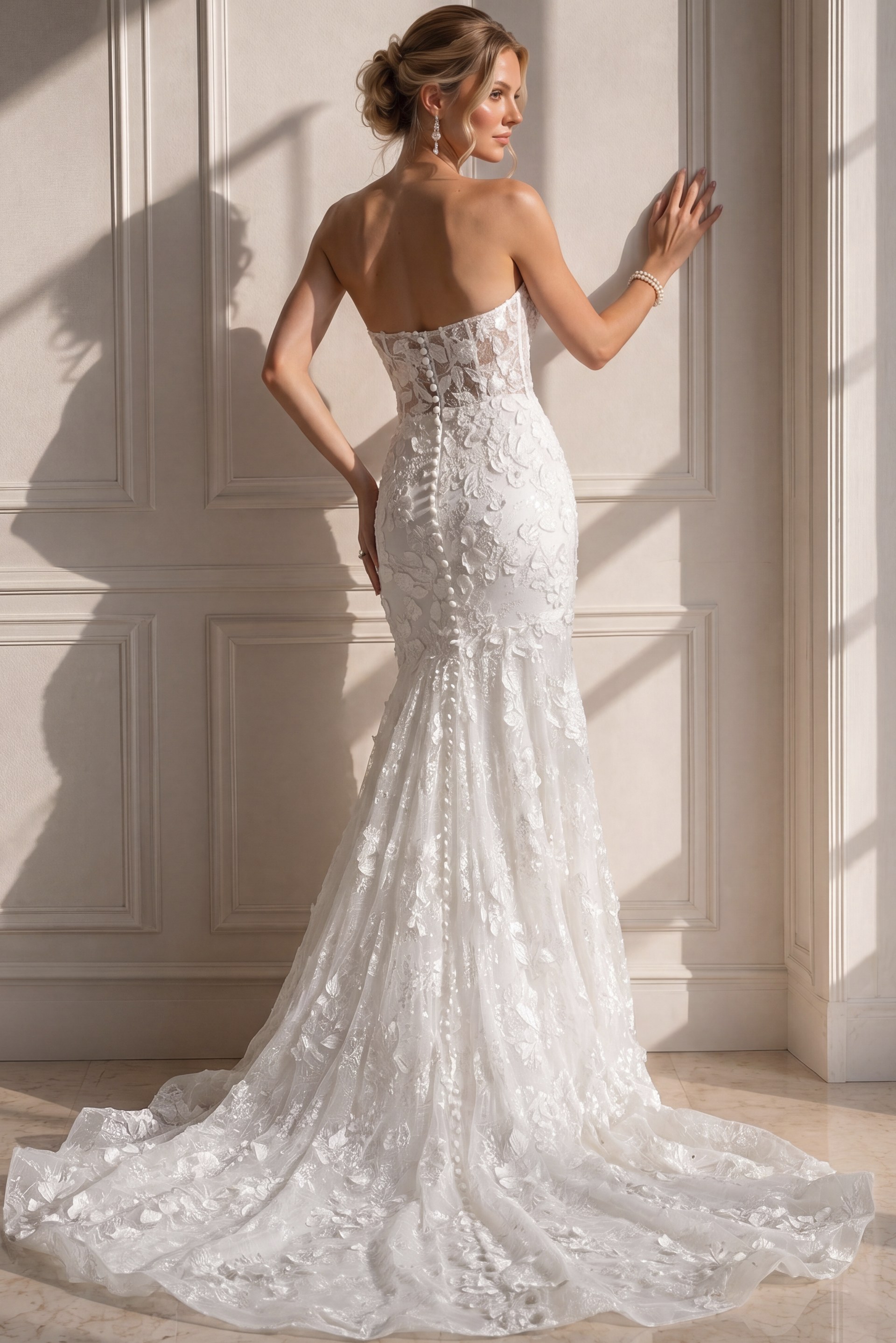 ivory 3D floral lace fitted mermaid wedding dress with sweetheart neckline and sheer lace cape sleeves, front view, Jovani Bridal style JB07583