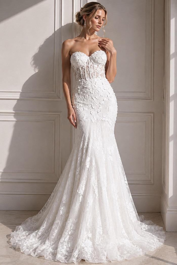ivory 3D floral lace fitted mermaid wedding dress with sweetheart neckline and sheer lace cape sleeves, front view, Jovani Bridal style JB07583