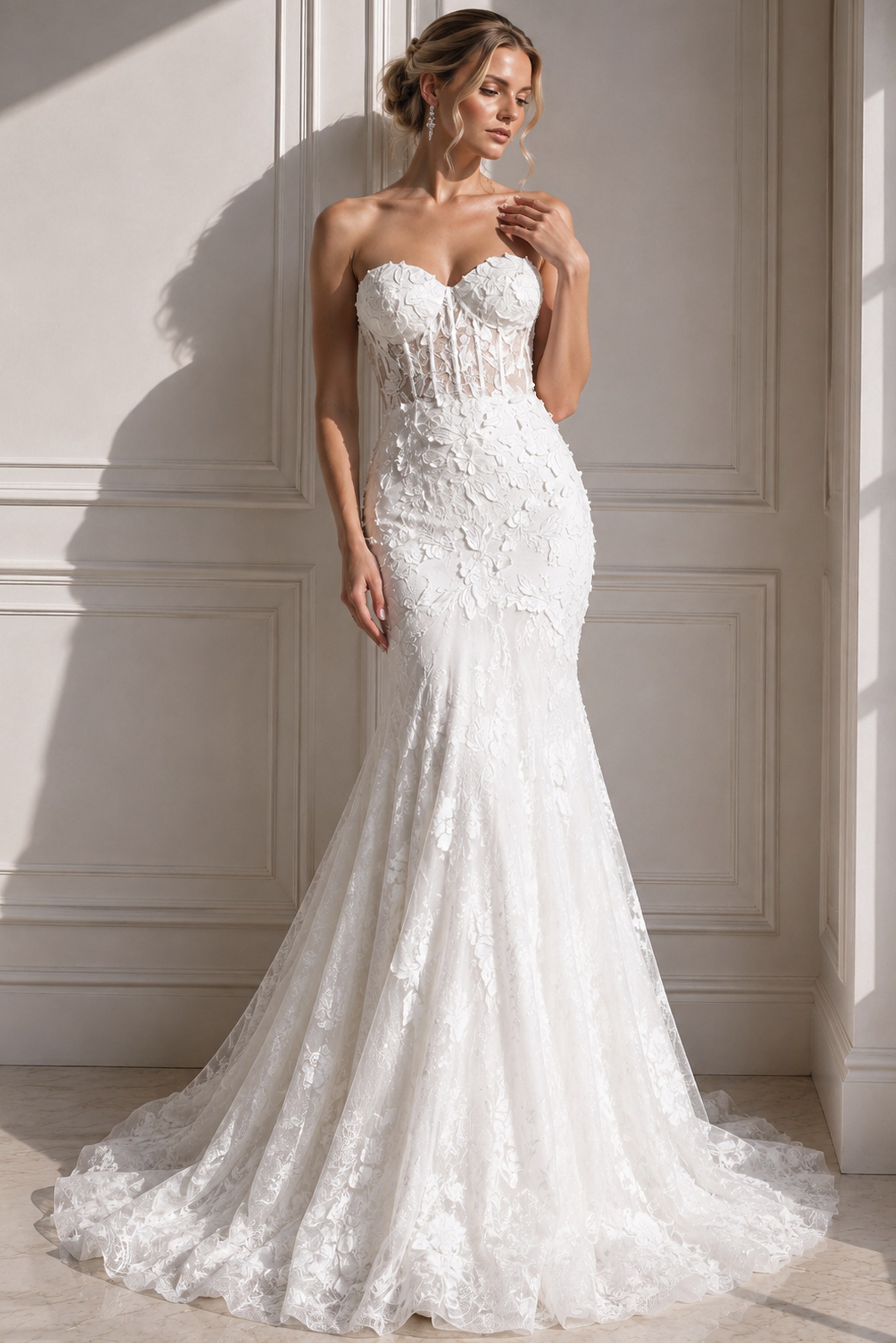 ivory 3D floral lace fitted mermaid wedding dress with sweetheart neckline and sheer lace cape sleeves, front view, Jovani Bridal style JB07583
