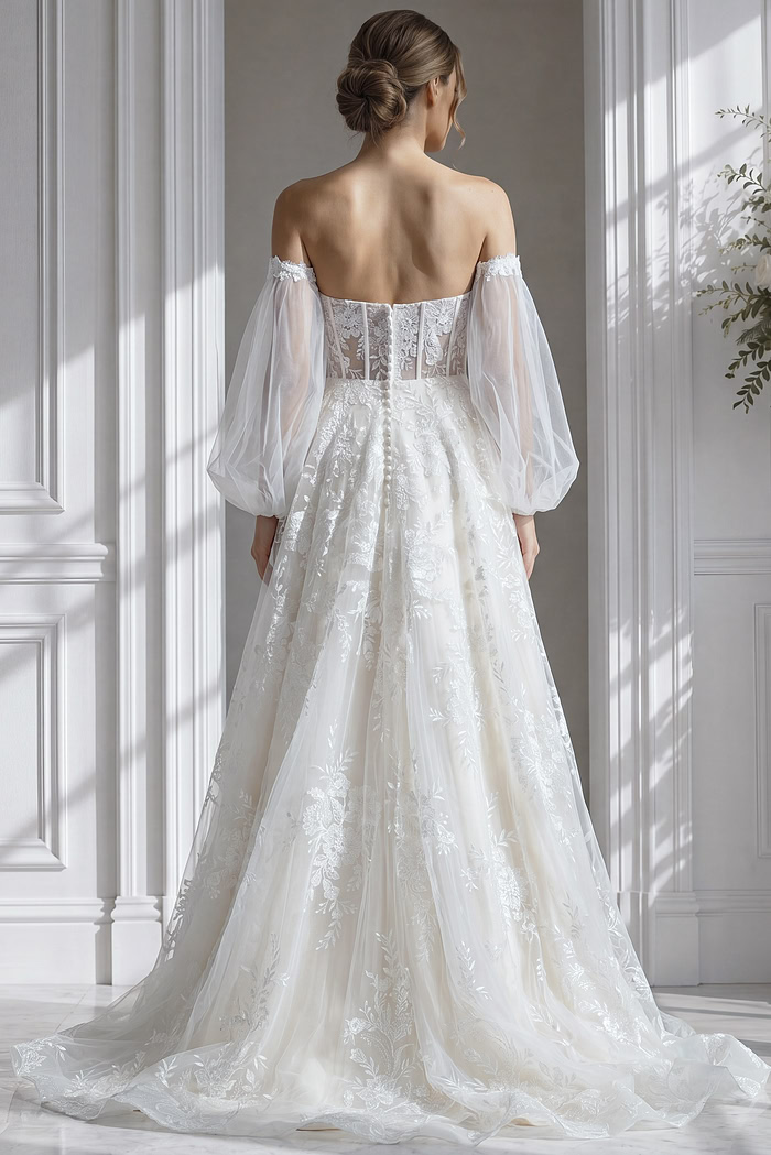 Romantic off-the-shoulder wedding gown with floral lace embroidery and semi-sheer structured bodice