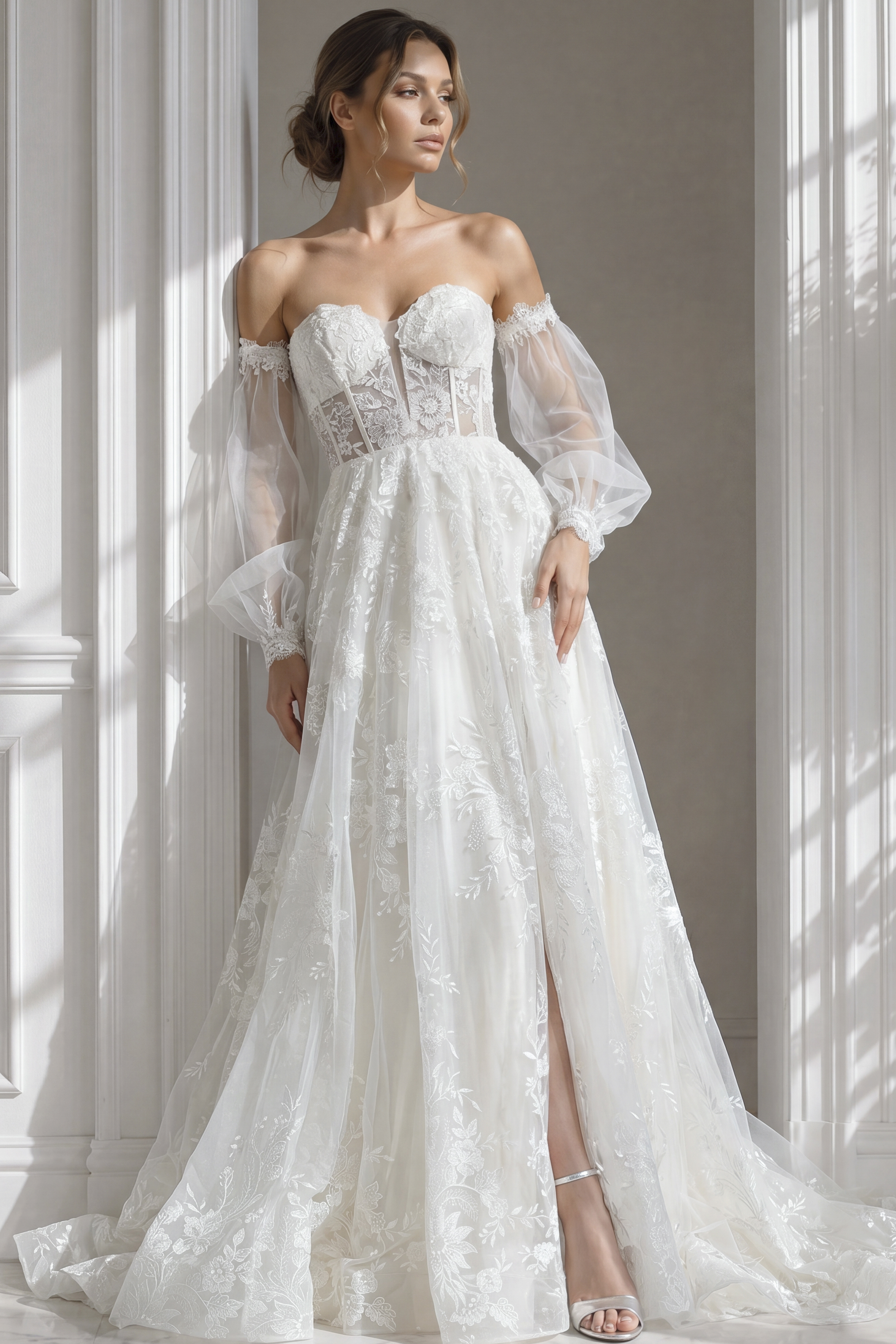 Off-the-shoulder 3D floral lace mermaid wedding gown with illusion bodice and sheer detailing