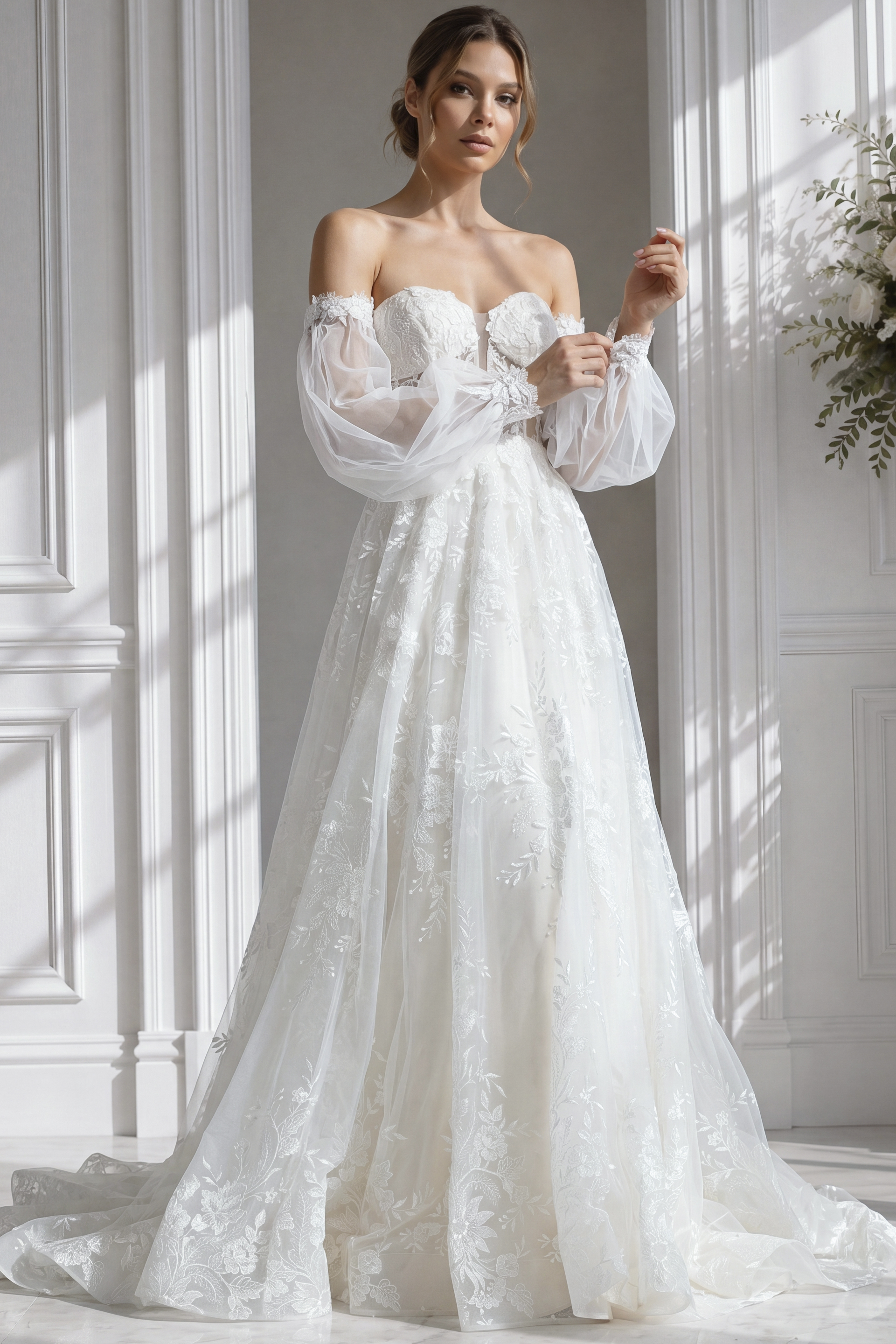 Off-shoulder floral appliqué mermaid bridal gown with soft tulle train and fitted silhouette