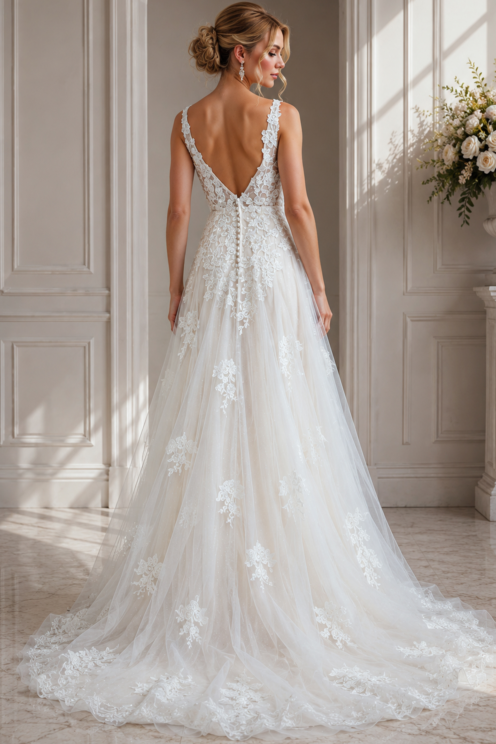 Delicate Lace Deep-V Bridal Gown