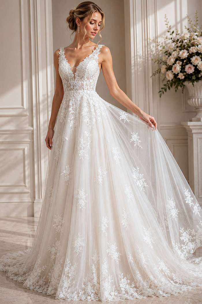 Feminine Lace Appliqué Ballgown Silhouette