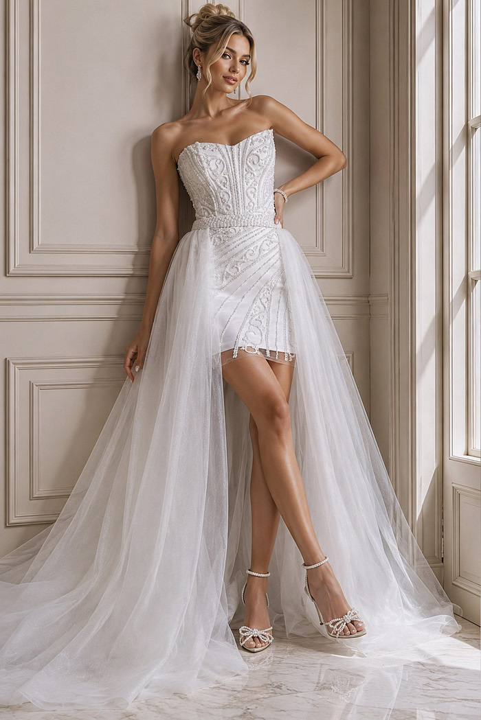 ivory beaded strapless short wedding dress with sweetheart neckline and detachable tulle overskirt, front view, Jovani Bridal style JB22274
