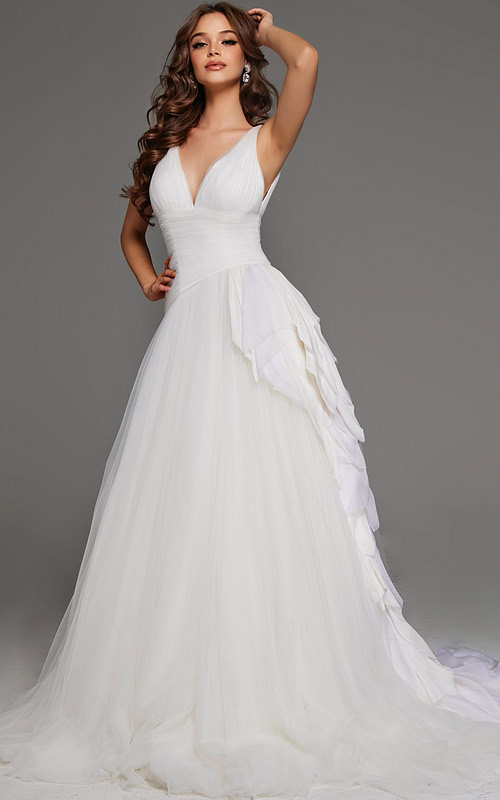 Model wearing Jovani JB23241 white A-line gown with deep V-neck and cascading ruffles.