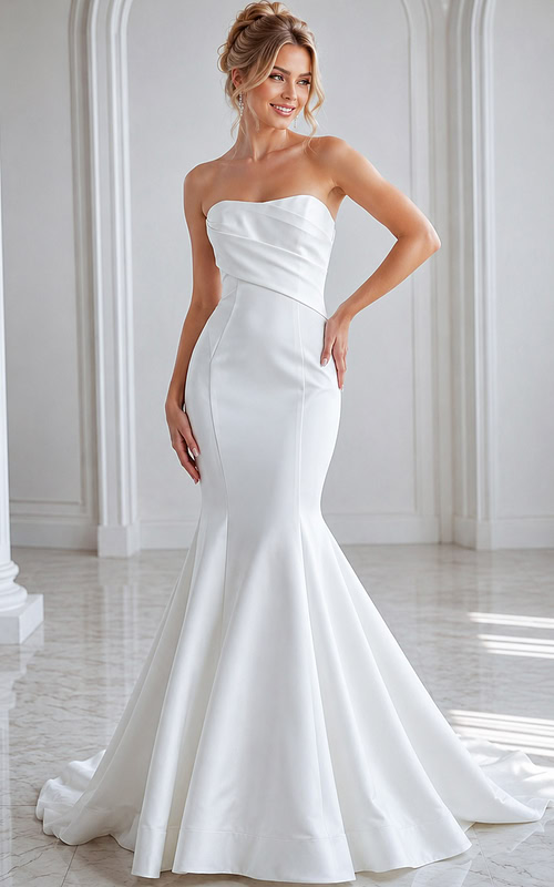 ivory satin strapless fit and flare wedding dress with straight pleated neckline and dropped waist, front view, Jovani Bridal style JB24282