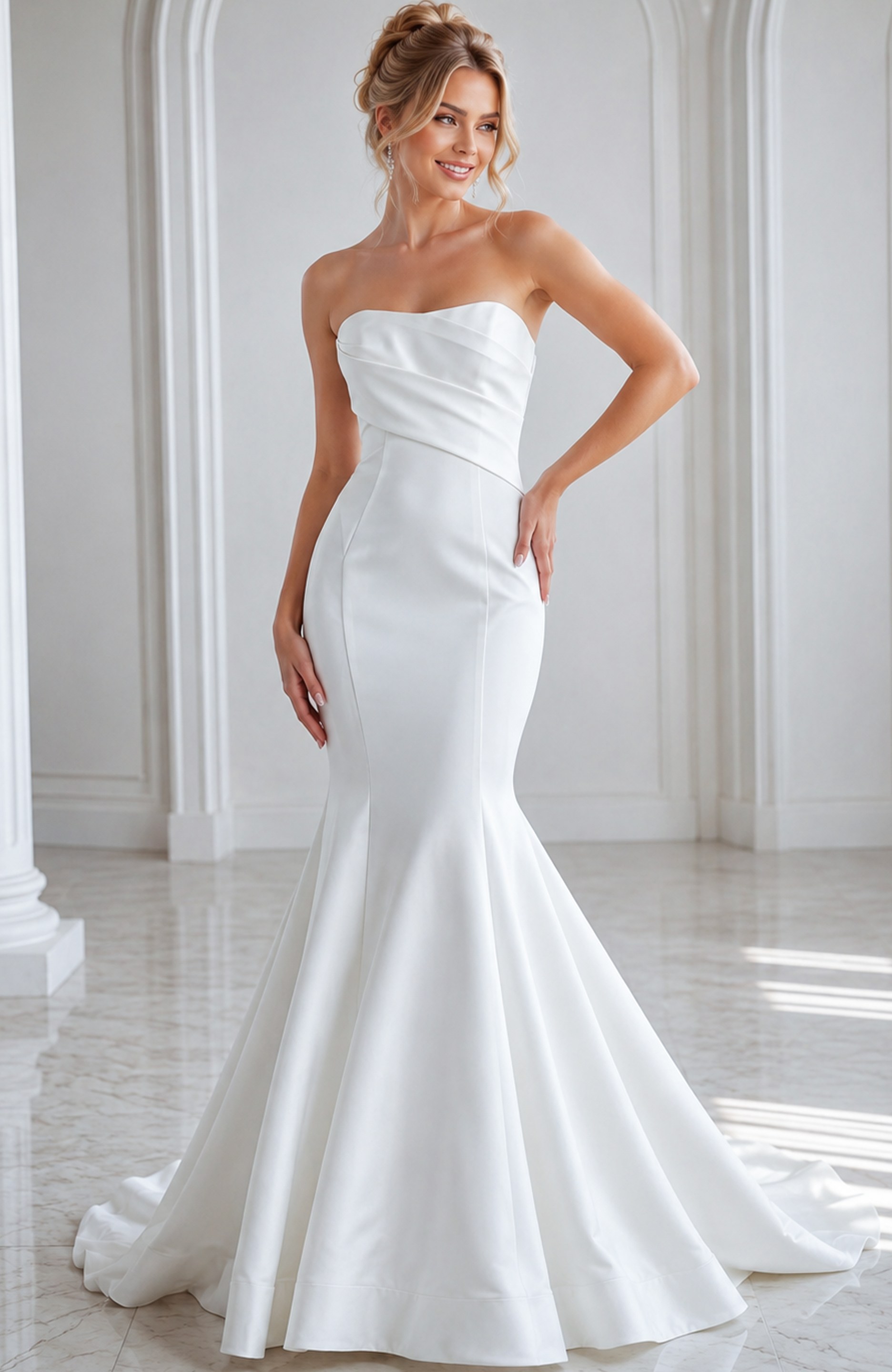 ivory satin strapless fit and flare wedding dress with straight pleated neckline and dropped waist, front view, Jovani Bridal style JB24282