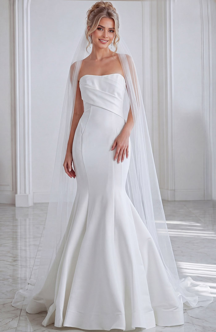 ivory satin strapless fit and flare wedding dress with straight pleated neckline and dropped waist, front view, Jovani Bridal style JB24282