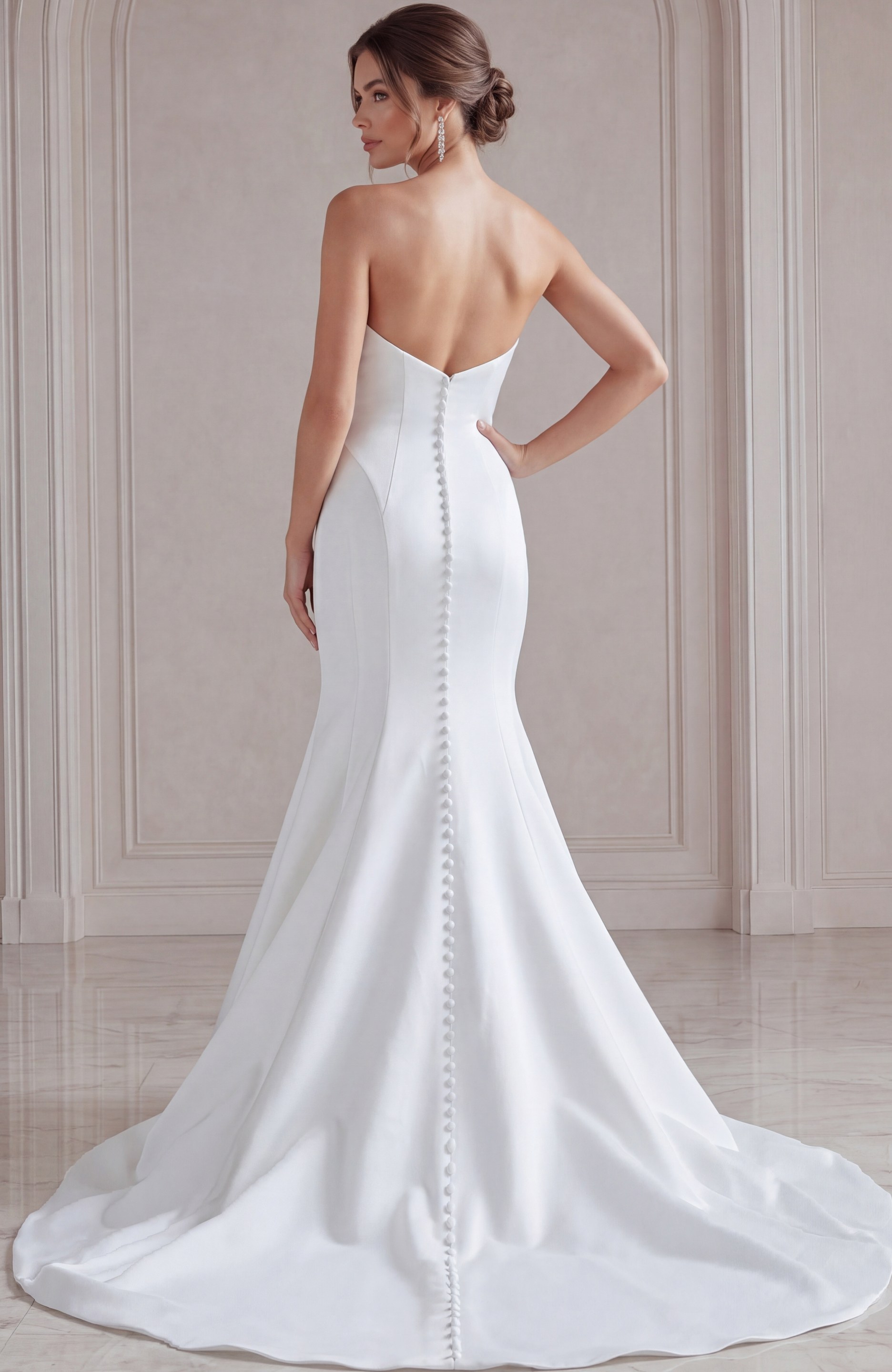 ivory satin strapless fit and flare wedding dress with straight pleated neckline and dropped waist, front view, Jovani Bridal style JB24282