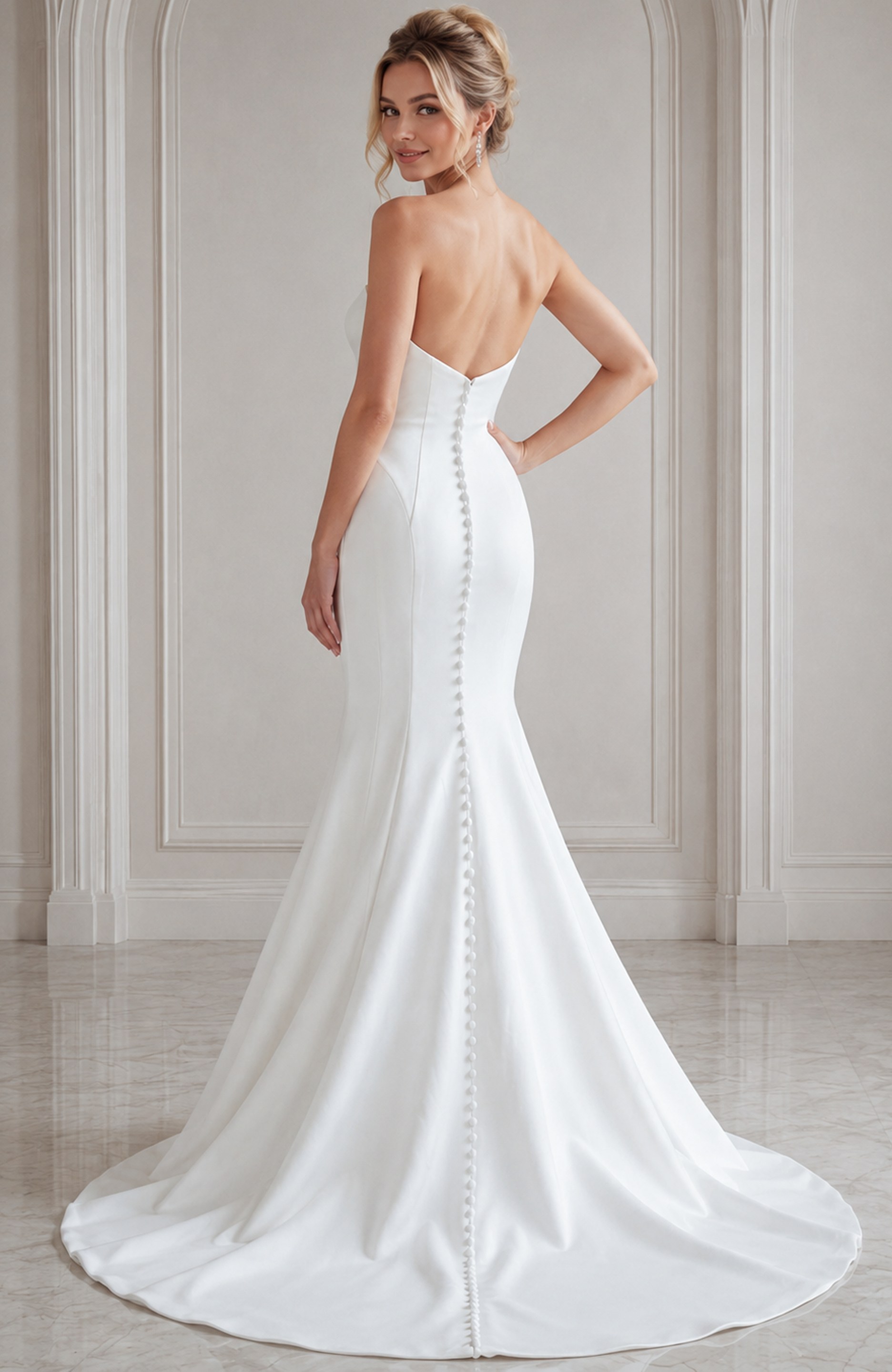 ivory satin strapless fit and flare wedding dress with straight pleated neckline and dropped waist, front view, Jovani Bridal style JB24282