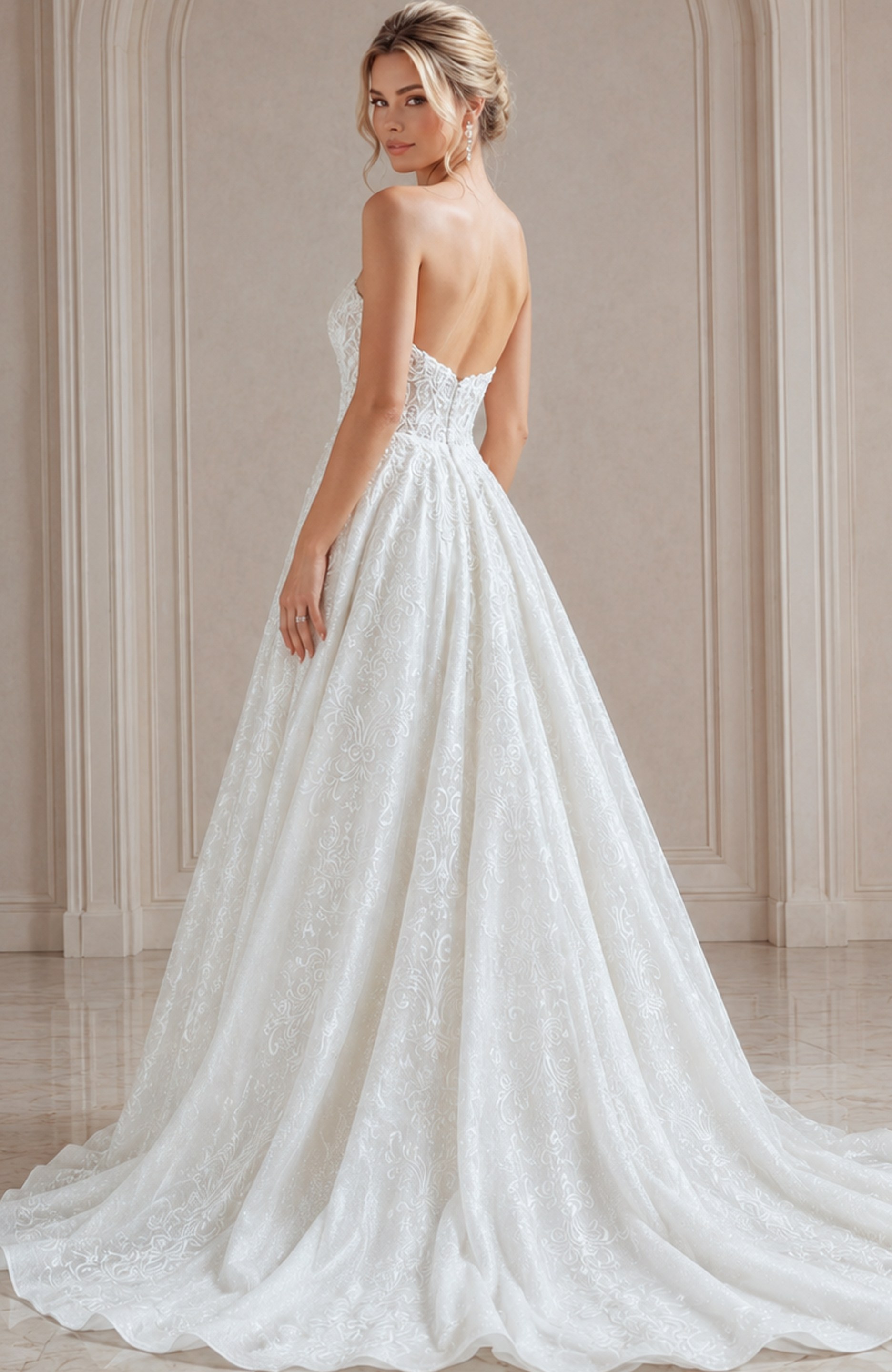 ivory beaded lace strapless ballgown wedding dress with scalloped neckline and sheer corset bodice, front view, Jovani Bridal style JB24563