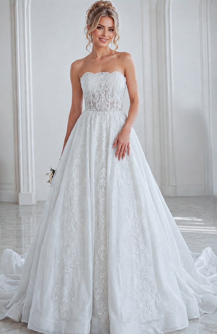 ivory beaded lace strapless ballgown wedding dress with scalloped neckline and sheer corset bodice, front view, Jovani Bridal style JB24563