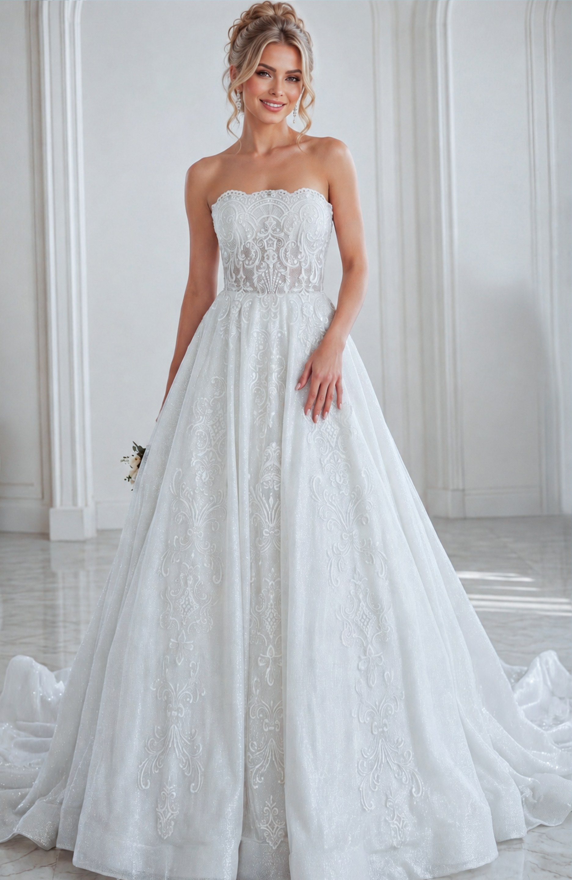 ivory beaded lace strapless ballgown wedding dress with scalloped neckline and sheer corset bodice, front view, Jovani Bridal style JB24563