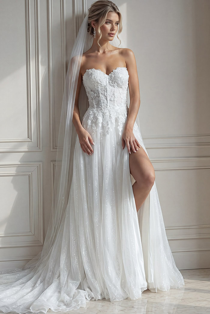 ivory 3D floral lace strapless A-line wedding dress with sweetheart neckline and high slit, front view, Jovani Bridal style JB25730