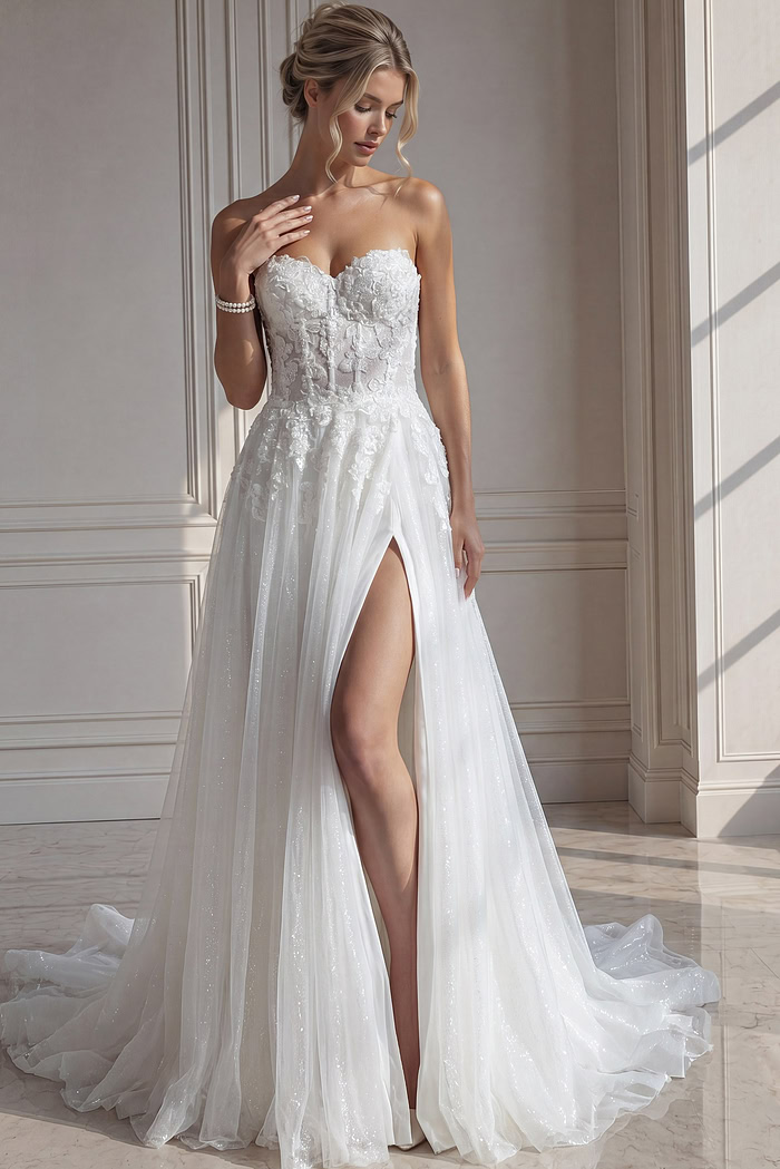 ivory 3D floral lace strapless A-line wedding dress with sweetheart neckline and high slit, front view, Jovani Bridal style JB25730
