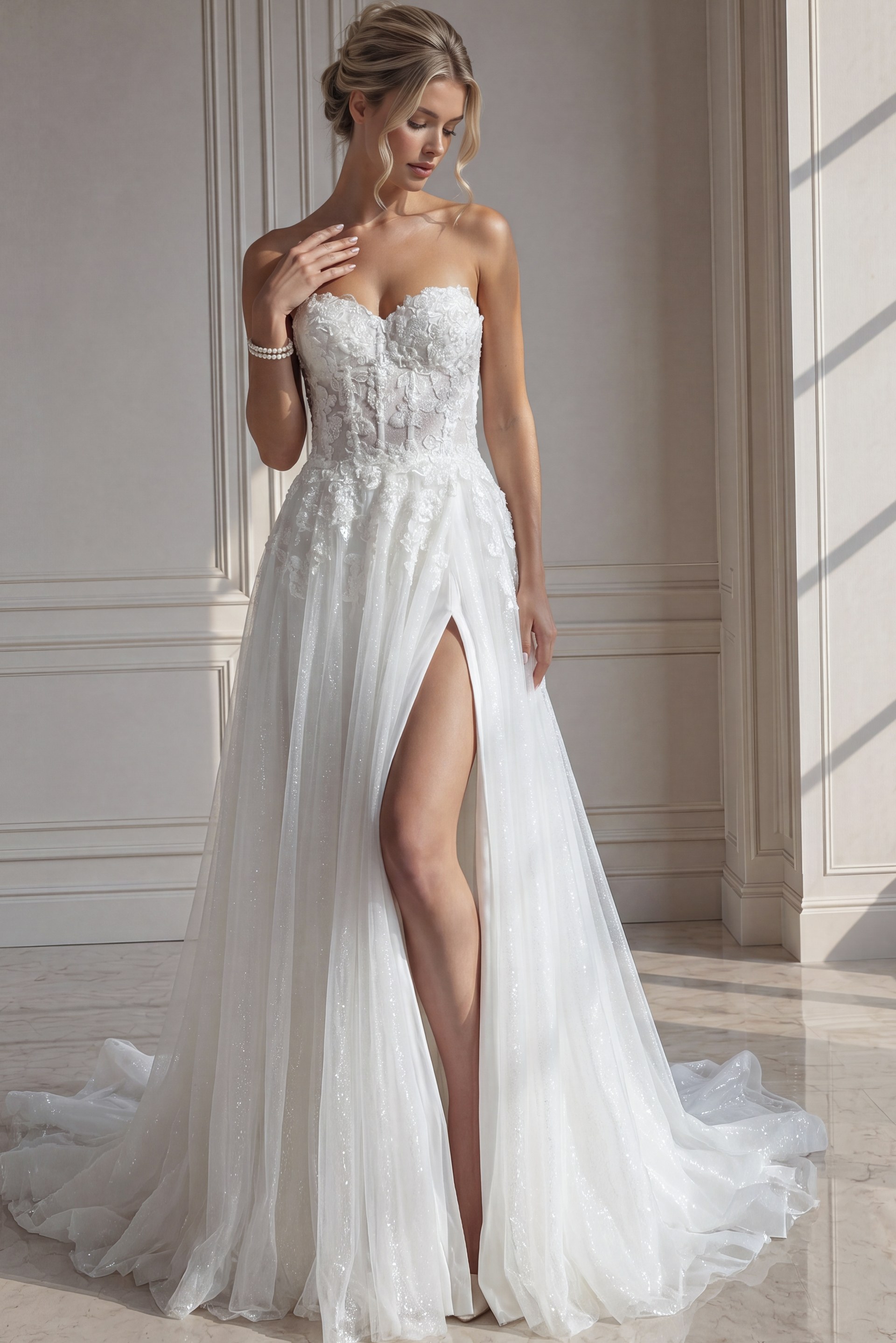 ivory 3D floral lace strapless A-line wedding dress with sweetheart neckline and high slit, front view, Jovani Bridal style JB25730