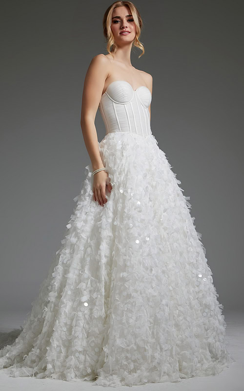 model wearing Jovani JB26295 elegant white gown with sweetheart neckline