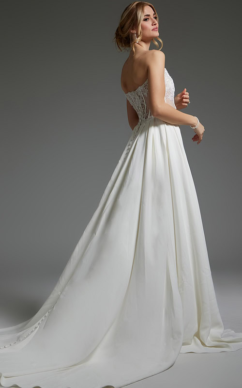 Back view of Jovani JB37128 ivory dress with buttoned closure and long train.