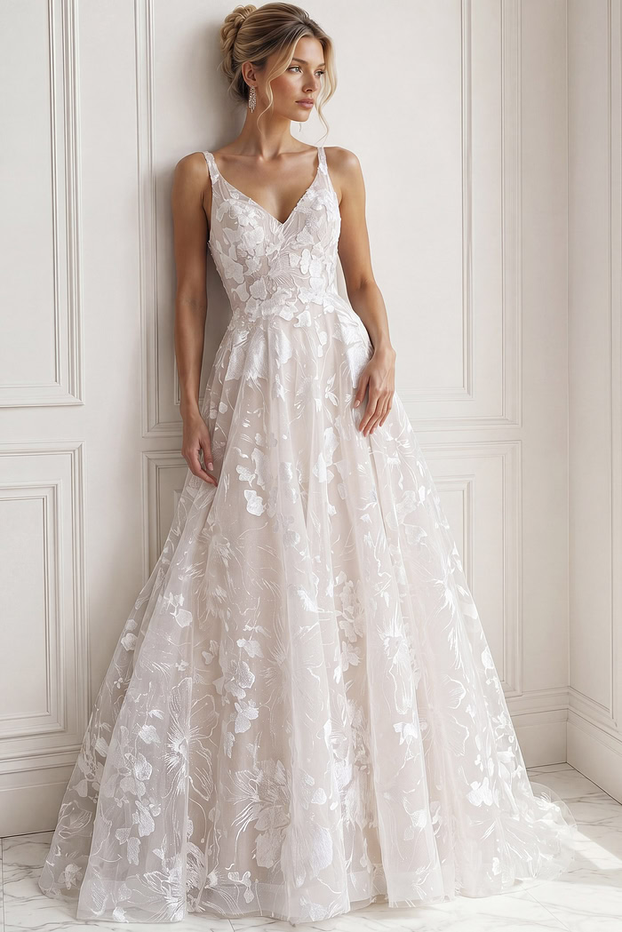 ivory 3D floral lace A-line wedding dress with V neckline and spaghetti straps, front view, Jovani Bridal style JB37434