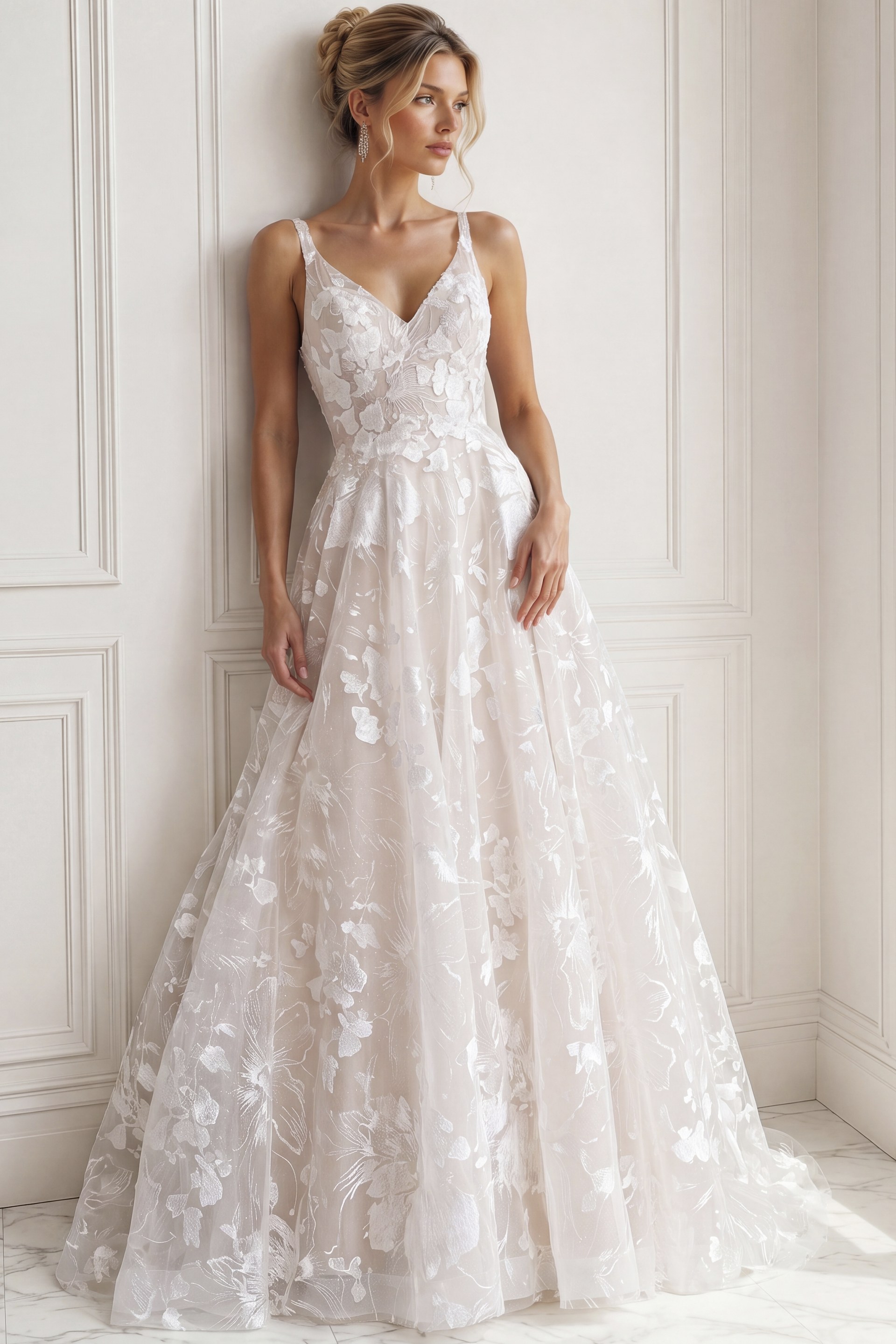 ivory 3D floral lace A-line wedding dress with V neckline and spaghetti straps, front view, Jovani Bridal style JB37434
