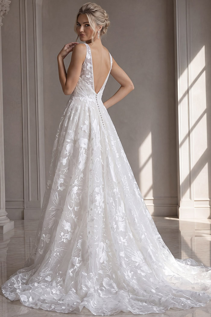 ivory 3D floral lace A-line wedding dress with V neckline and spaghetti straps, front view, Jovani Bridal style JB37434