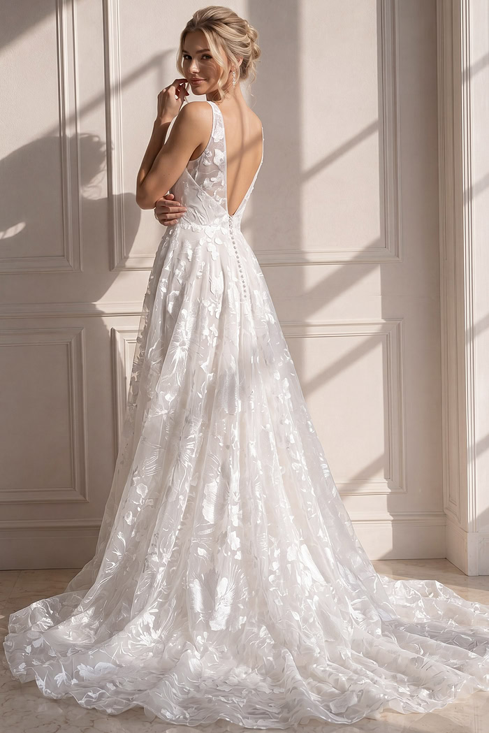 ivory 3D floral lace A-line wedding dress with V neckline and spaghetti straps, front view, Jovani Bridal style JB37434
